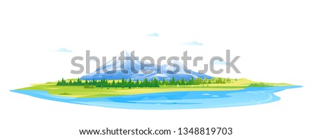 Lake in the picturesque valley near the high mountains with sharp peaks and green piedmont, nature landscape, travel illustration isolated Royalty-Free Stock Photo #1348819703