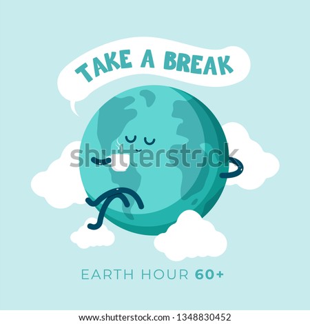 Earth hour day. Cute cartoon globe earth holding cup of coffee enjoy and take a break for a while. Flat vector design for campaign, poster, web, mobile, social media post.