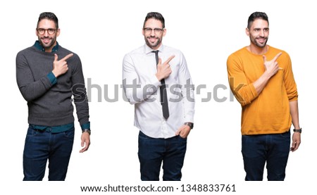 Collage of handsome man over white isolated background cheerful with a smile of face pointing with hand and finger up to the side with happy and natural expression on face