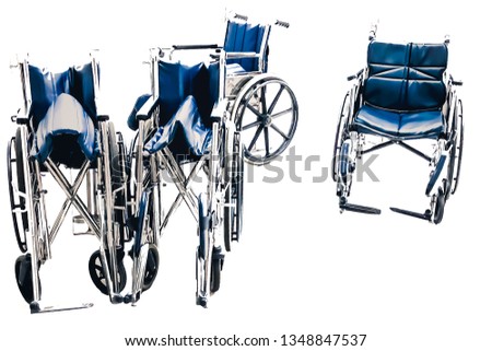 Many wheelchairs for hospital patients, isolated on white background