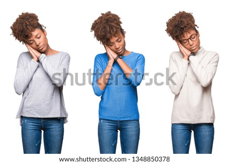 Collage of young beautiful african girl over isolated background sleeping tired dreaming and posing with hands together while smiling with closed eyes.