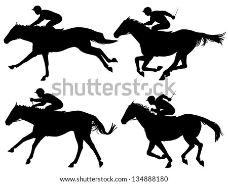 Editable vector silhouettes of racing horses with horses and jockeys as separate objects