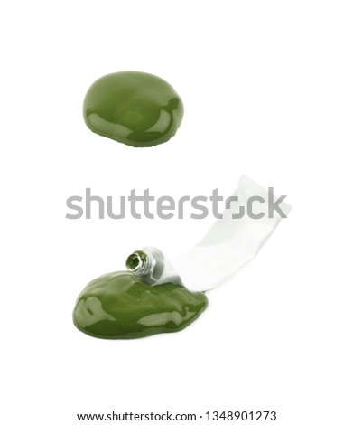 Metal tube of paint with the dye spilling out of it, composition isolated over the white background, set of two different foreshortenings