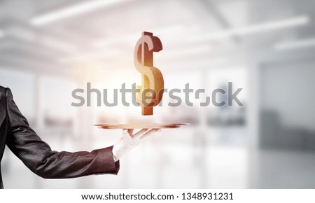 Cropped image of waiter's hand in glove presenting stone dollar symbol on metal tray with office view on background. 3D rendering.