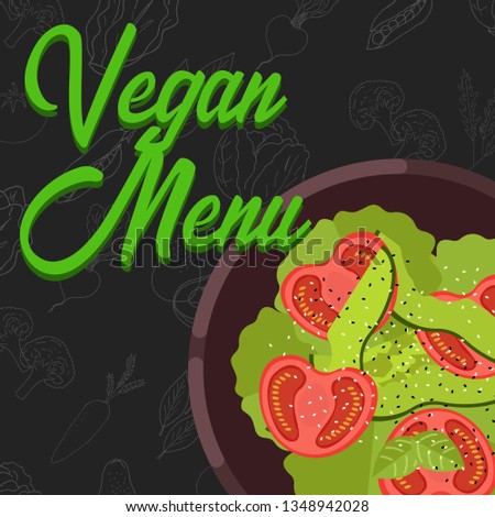 Menu concept for restaurant and cafe. Vegan menu template. Flat style dinner menu. Vector Illustration with hand drawn fruits and vegetables. Vector Illustration