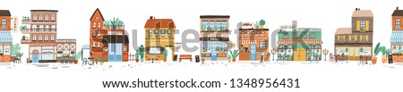 Urban landscape or view of European city street with stores, shops, sidewalk cafe, restaurant, bakery, coffee house. Seamless banner with building facades. Flat vector illustration in cute style.