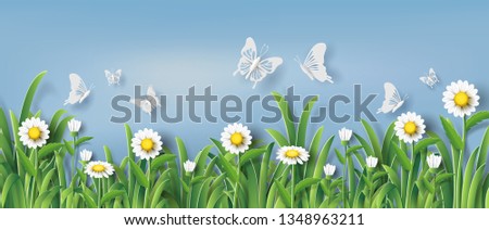 Paper art style of beautiful daisy flowers field with many butterflies in a park, flat-style vector illustration.