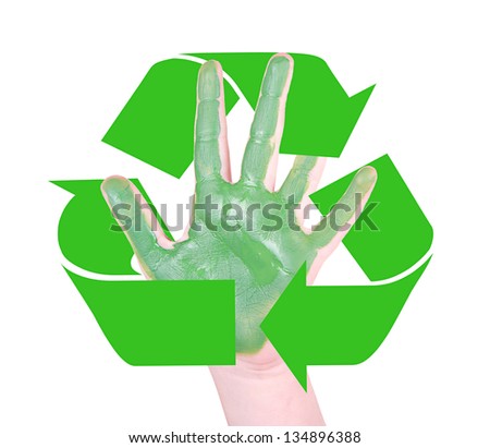Green hands with the recycle symbol, with and isolated white background