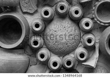 Closeup Pottery thai or brown Earthenware texture background - traditional style  - Black and white patterns