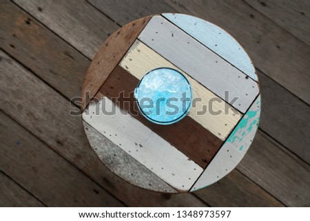  Drink scene of top view Blue Lemon Soda with ice on wood table - Summer drink concept