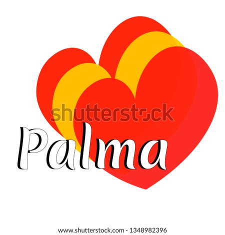 Three heart shape elements with colors of  national flag of Spain (Europe) with inscription of city name: Palma in modern style. Simple logo for souvenirs, t-shirts. Vector EPS10 illustration.