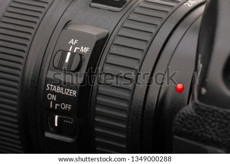 Close up view of a DSLR camera in dark atmosphere The image can be used as a background.