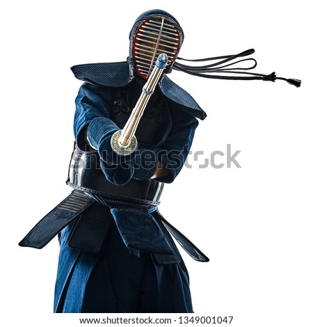 Kendo martial arts fighters in silhouette isolated on white bacground (the japanese script is the name of the fighter ,blank is for the beginners regarding rules ) Royalty-Free Stock Photo #1349001047