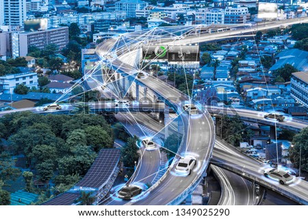Smart cars with automatic sensor driving on metropolis with wireless connection Royalty-Free Stock Photo #1349025290