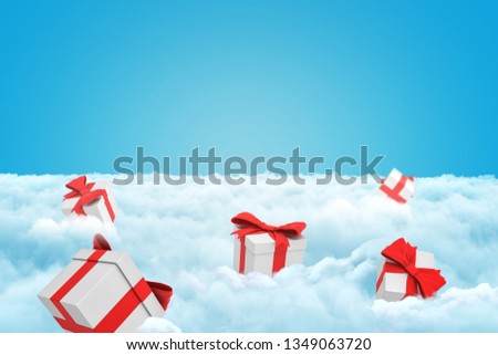 3d rendering of several gift boxes on a layer of white fluffy clouds with some copy space left in the sky. Heavenly gifts. Getting presents. Deals and perks. Royalty-Free Stock Photo #1349063720