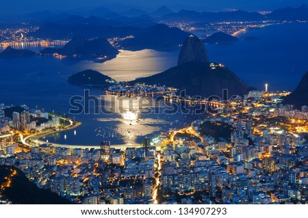 Night view of mountain Sugar Loaf and Botafogo in Rio de Janeiro Royalty-Free Stock Photo #134907293