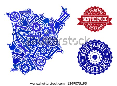 Best service composition of blue mosaic map of Koh Samui and rubber seal stamps. Mosaic map of Koh Samui constructed with gears, wrenches, hands. Vector watermarks with scratched rubber texture.