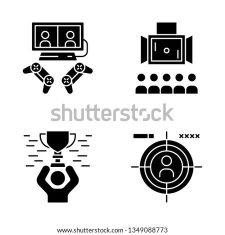 Esports glyph icons set. Gaming environment. Multiplayer video game. Tournament broadcast. Champion with award. First-person shooter. Silhouette symbols. Vector isolated illustration