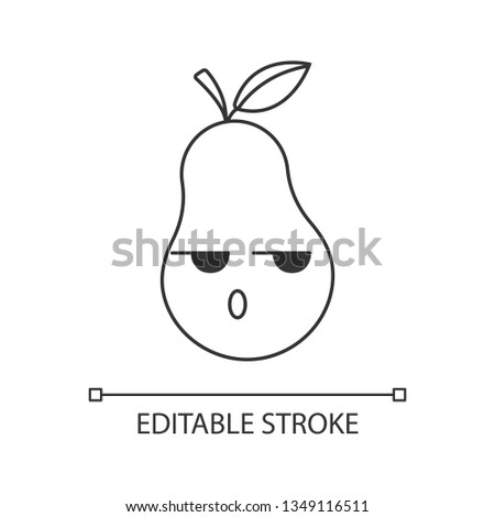 Pear cute kawaii linear character. Serious fruit. Sad healthy vegetarian food. Thin line icon. Vector isolated outline illustration. Editable stroke