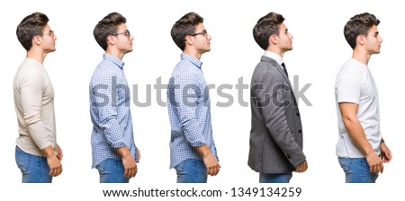 Collage of young handsome business man over isolated background looking to side, relax profile pose with natural face with confident smile.