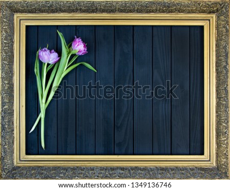 Frame with floral motif picture, bouquet of beautiful pink tulips on black background, antique style, free space for text.