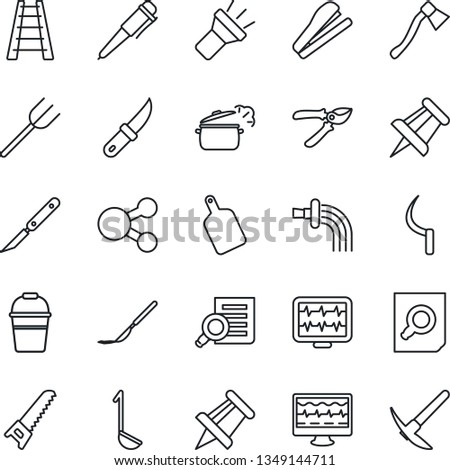 Thin Line Icon Set - document search vector, pen, drawing pin, farm fork, ladder, bucket, watering, pruner, saw, sickle, garden knife, axe, monitor pulse, scalpel, torch, stapler, ladle, hard work