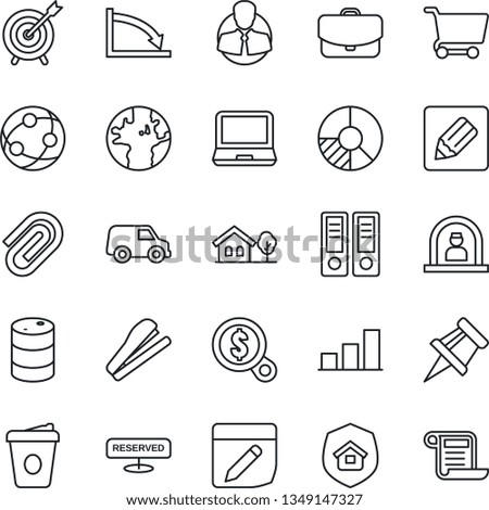 Thin Line Icon Set - reception vector, office binder, coffee, circle chart, earth, client, oil barrel, network, laptop pc, notes, drawing pin, paper clip, bar graph, stapler, house with tree, target