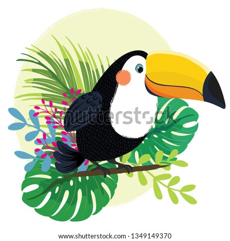 Toucan, exotic birds, tropical flowers, palm leaves, jungle leaves, bird of paradise.Cute cartoon character for children.Animal cards.