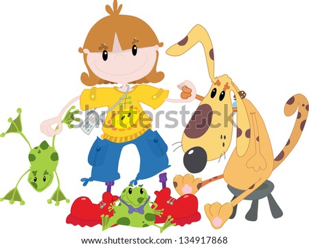 Boy with frogs and dog