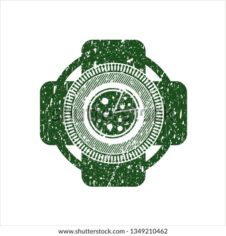 Green pizza icon inside distress rubber grunge texture seal