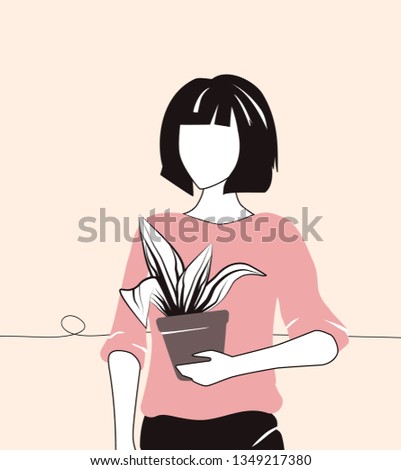 Girl with a flower pot. Brunette with a bob haircut on a pink background. Comfortable things for home. Flat drawing style - vector postcard.
