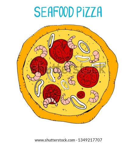 Seafood pizza colored. Illustration of tasty pizza. Pizza menu illustration. 