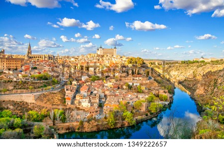 View of the historic city of Toledo with river Tagus, Spain. UNESCO world heritage site. Royalty-Free Stock Photo #1349222657