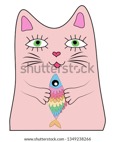 Cat with a rainbow fish in its paws, print, design