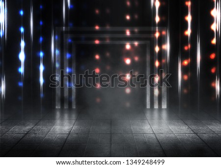 Dark empty stage, multicolored rays of neon searchlight, wet asphalt, smoke, night shooting, bokeh color.