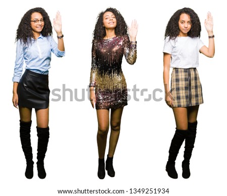 Collage of young woman wearing party looks over isolated white background Waiving saying hello happy and smiling, friendly welcome gesture