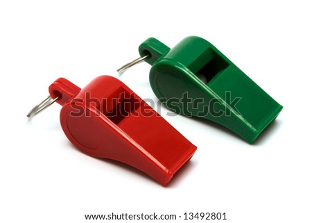 Red and green whistle on a white background