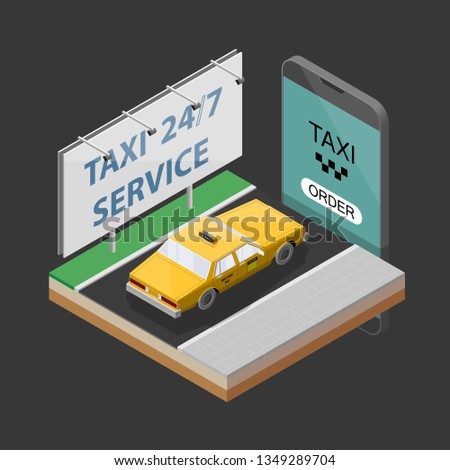 3D car route navigation smartphone, phone yellow taxi 24/7 service vector drawing schema isometric GPS navigation tablet, destination arrow isometry phone banner. Route isometric taxi car check pin