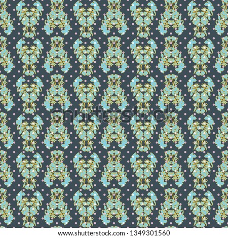 Seamless geometric pattern with tulips, poppies, lilies, dots and leaves. Perfect for gift wrapping, scrapbooking, fabric, home decor and fashion accessories.