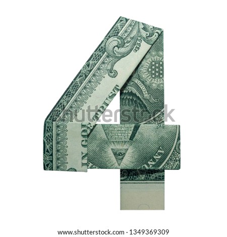 Money Origami DIGIT 4 Number Folded with Real One Dollar Bill Isolated on White Background