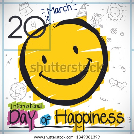 Reminder in a calendar grid with cute doodles to celebrate International Day of Happiness this 20th March with love, spring time, parties and fun.