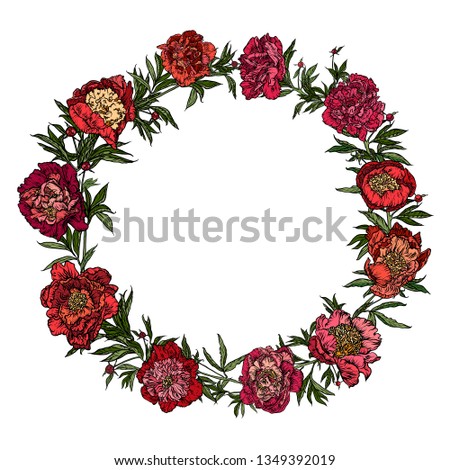 Vector illustration. The picture was created using a graphic tablet. Round wreath of red peonies.