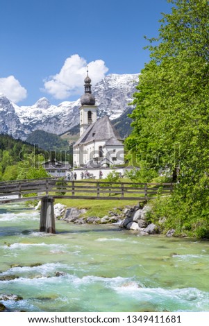 Scenic mountain landscape in the Bavarian Alps with famous Parish Church of St. Sebastian in the village of Ramsau in springtime, Nationalpark Berchtesgadener Land, Upper Bavaria, Germany Royalty-Free Stock Photo #1349411681