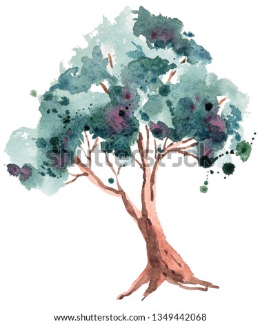 Watercolor hand painted tree on white background