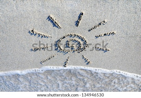 sun outline on the wet sand with the wave brilliance - summer holidays in hot country concept
