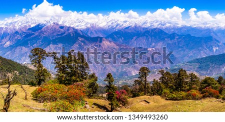 This is the view of Himalayas Panchchuli peaks & alpine landscape from Khalia top trek trail at Munsiyari. Khalia top is at an altitude of 3500m himalayan region of Kumaon, Uttarakhand, India. Royalty-Free Stock Photo #1349493260