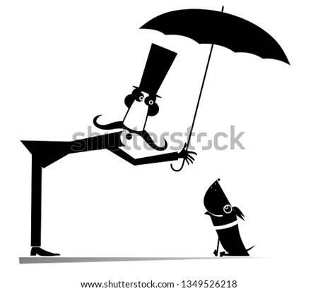 Long mustache man, umbrella and the dog illustration. Funny long mustache man in the top hat protects a dog against the rain by umbrella black on white illustration
