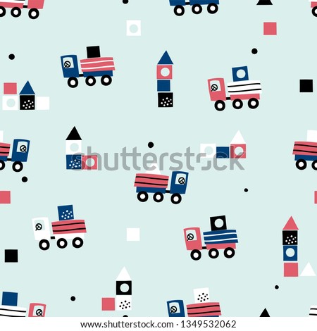 Cute seamless pattern with truck and children's designer. Baby seamless pattern. Creative vector childish background for fabric, textile, nursery wallpaper. Scandinavian style.