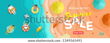 Summer sale seasonal horizontal banner with beach, sea waves, sand, bathing and playing beach volleyball people in style cut out of paper, Multi-layered effect vector illustration