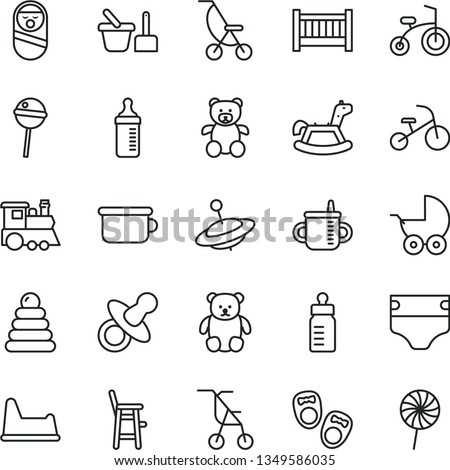 thin line vector icon set - baby cot vector, dummy, mug for feeding, bottle, measuring, diaper, stroller, summer, sitting, stacking rings, roly poly doll, toy sand set, children's potty, chair, yule Royalty-Free Stock Photo #1349586035